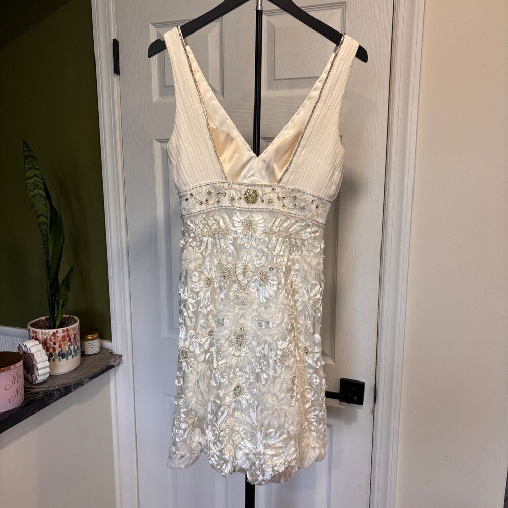 Sue Wong Nocturne Dress Sz 4 Ivory Beaded Sequin Floral Lace V Neck Cocktail - Picture 4 of 12